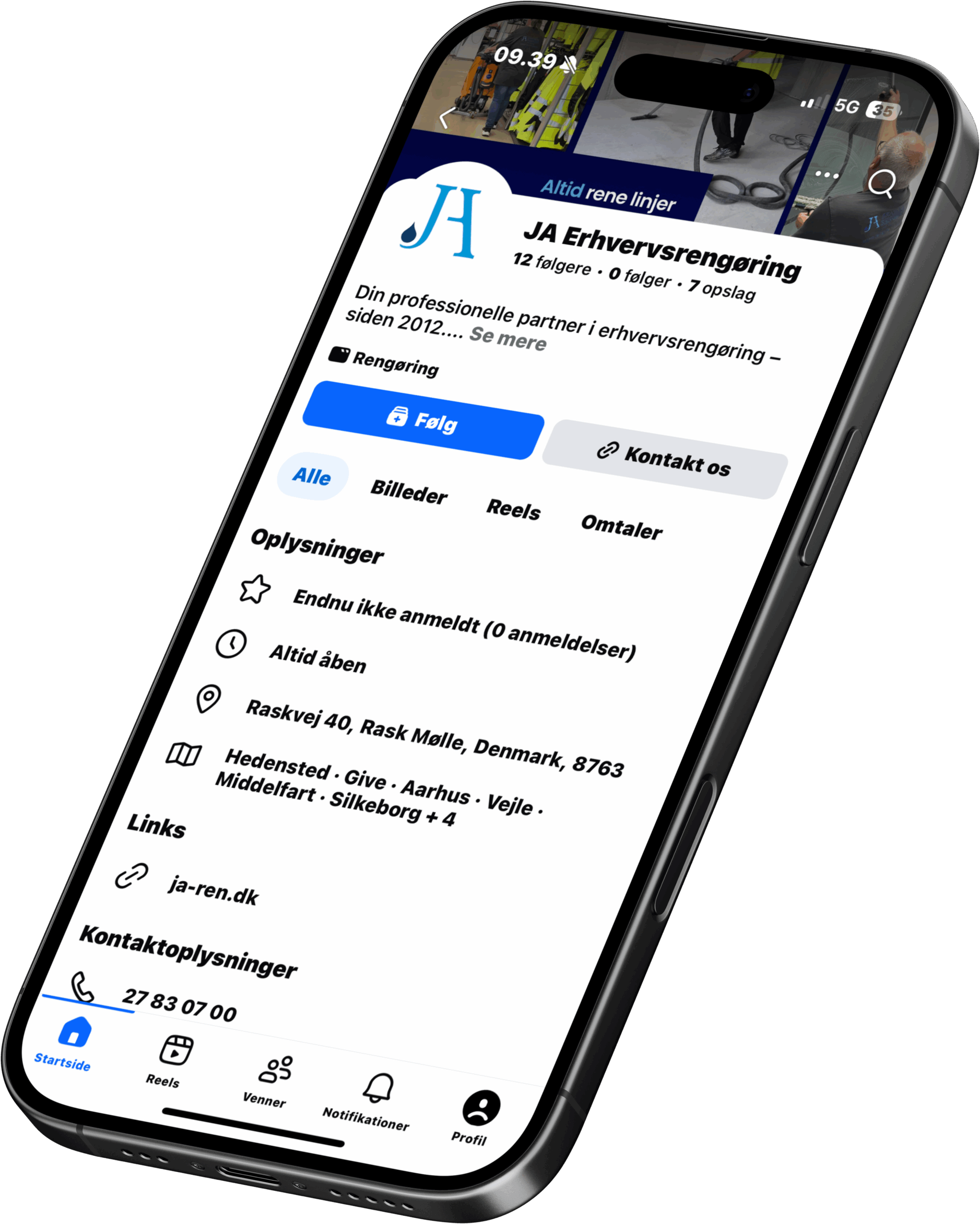 iPhone der viser JA Erhvervsrengørings Facebook side